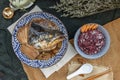 Salmon kabutoni steamed with sweet soya sauce with golden needle mushroom and sliced Ã¢â¬â¹Ã¢â¬â¹ginger served with riceberry rice Royalty Free Stock Photo